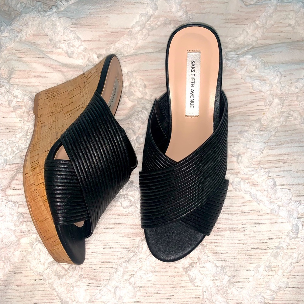 Saks Fifth Ave Wedges Sandals Black Size 7